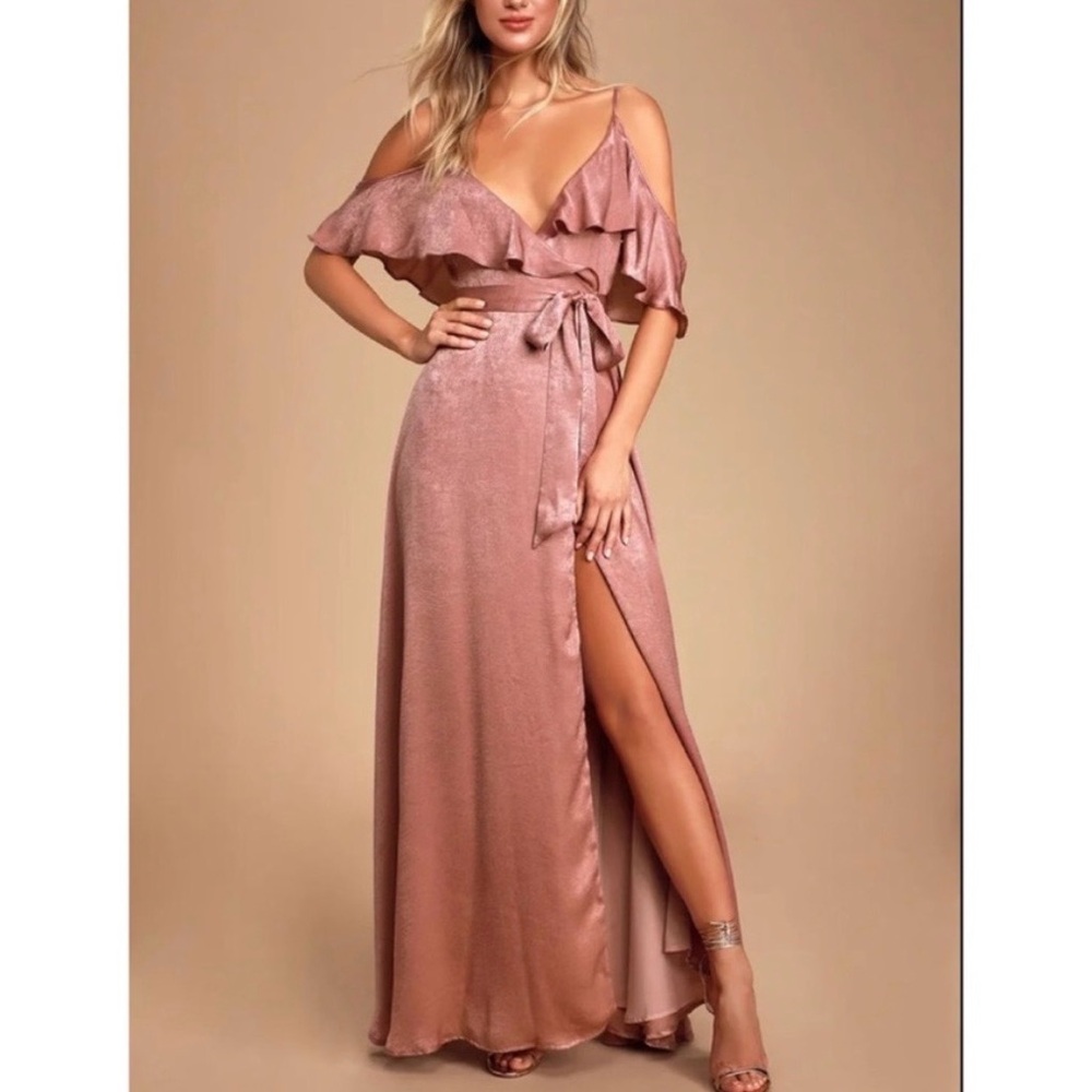 Lulus Moriah Rose Satin Cold-Shoulder Wrap Maxi Dress, Sise XL NWT Ruffle